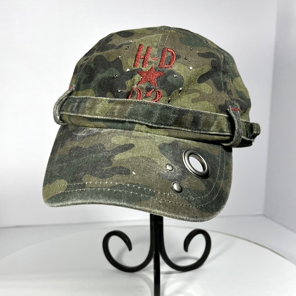 Vtg Womens Harley Davidson 100th Anniversary Camo Studded Hat 2RXT-H-DMC Y2K